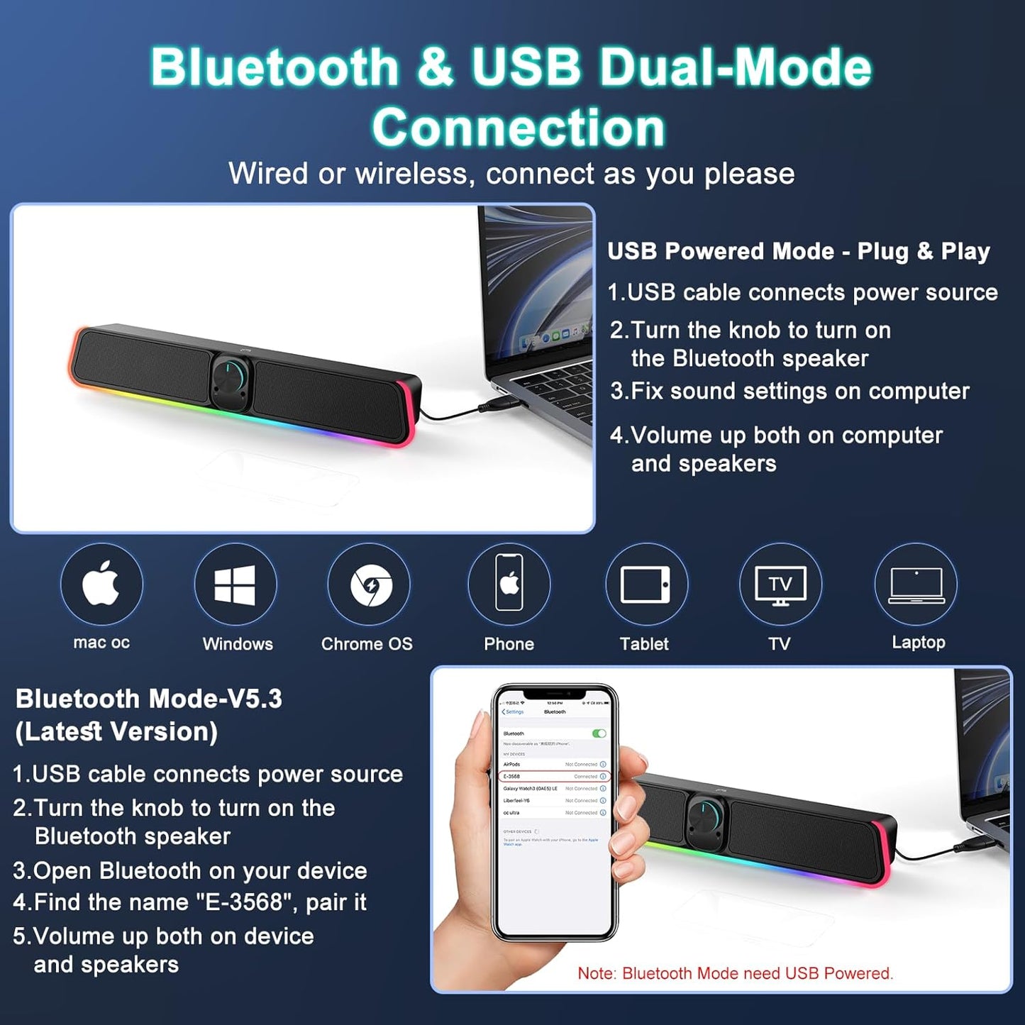 Computer Speakers - Wired USB Powered Bluetooth Computer Sound Bar with RGB & Volume Knob, HiFi Stereo Portable Gaming Sound Bar Speaker for Desktop Monitor, PC, Laptop, Tablets, Mac Air/Pro