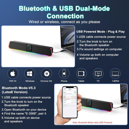 Computer Speakers - Wired USB Powered Bluetooth Computer Sound Bar with RGB & Volume Knob, HiFi Stereo Portable Gaming Sound Bar Speaker for Desktop Monitor, PC, Laptop, Tablets, Mac Air/Pro