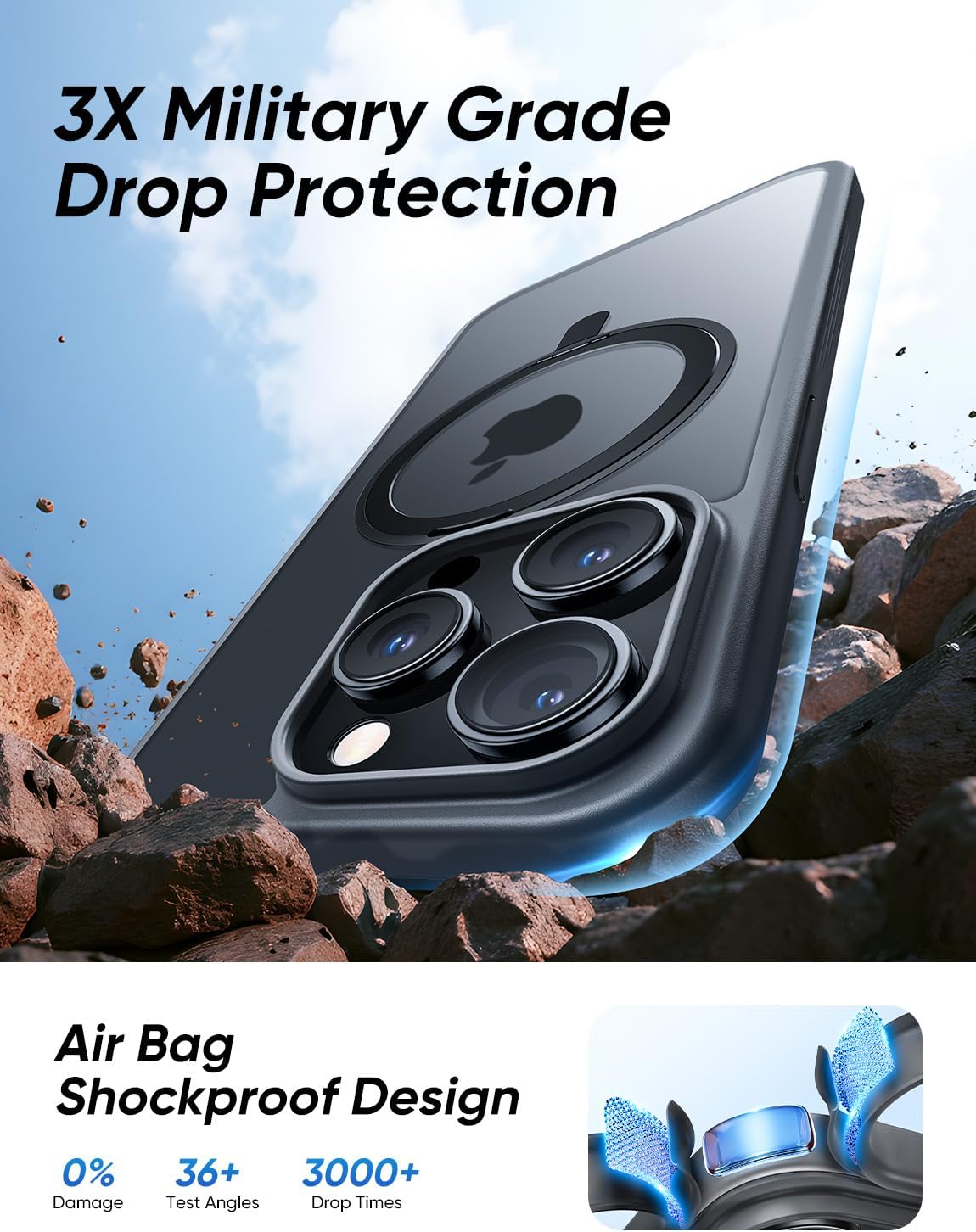 MAGIC JOHN 360° Rotatable Magnetic Invisible Stand for iPhone 15 Pro Max Case [Anti-Slip Grip] [Compatible with MagSafe] 16FT Shockproof for iPhone 15 Pro Max Case with Kickstand, Black