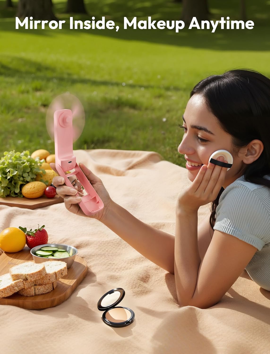 Aecooly Slim Portable Fan with Mirror, Thin Handheld Fan, USB Rechargeable Mini Personal [24H Max Cooling Time], Battery Powered Small Foldable Pocket for Travel, Lash, Makeup, Gifts for Women -Pink