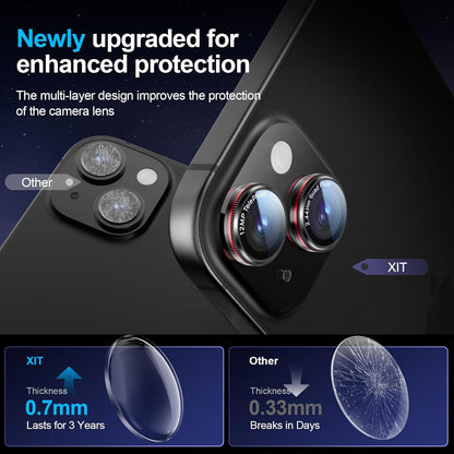X-it 2 Pack Camera Lens Protector, Shatterproof Anti-Scratch Ultra HD Mechanical Gear Camera Protector, Anti-Glare Tempered Glass Lens Protector for iPhone 15/15 Plus/14/14 Plus,Case Friendly,BlackRed