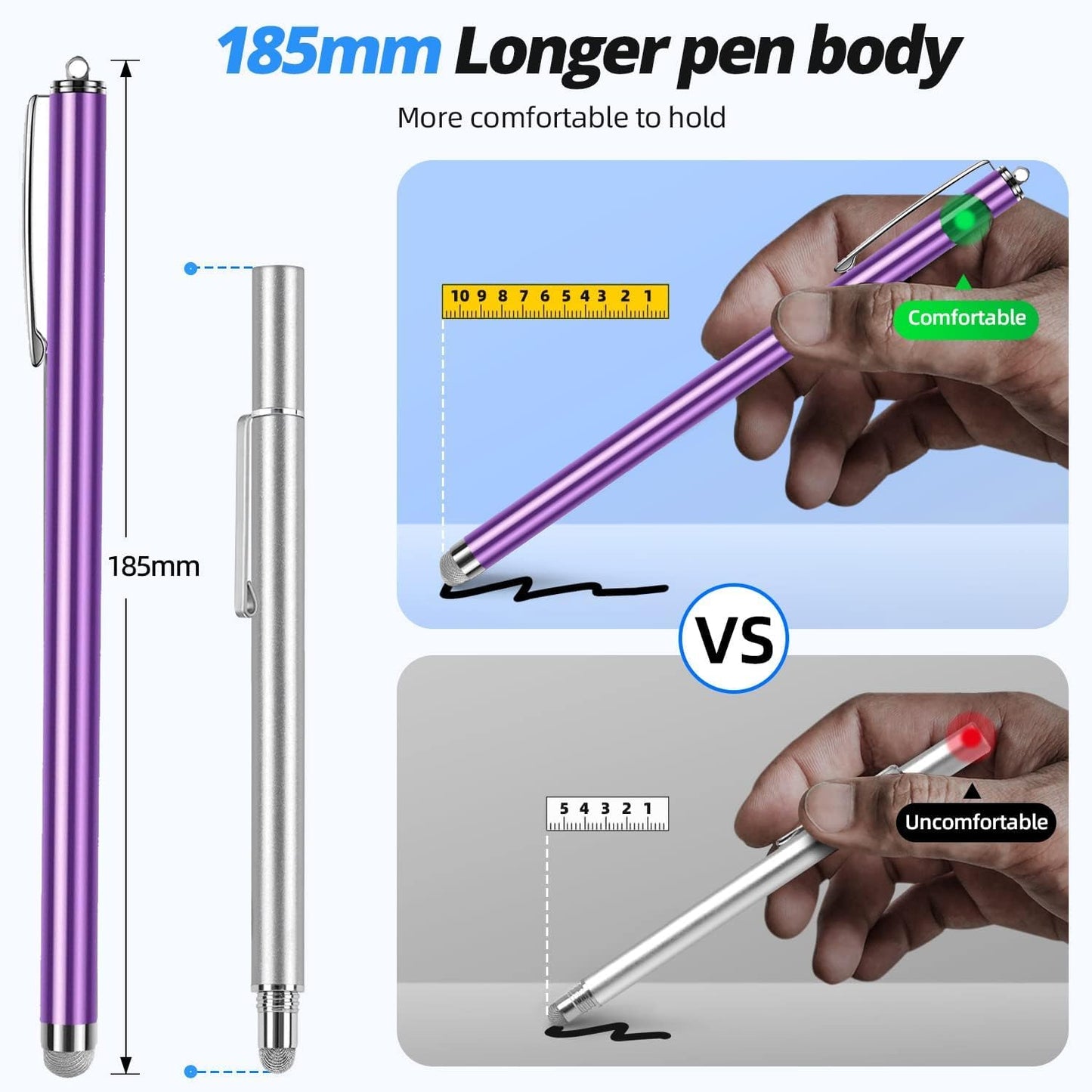 Extra Long Stylus pens for Touch Screens [5 Pack Fiber mesh Tips] Compatible for iPad iPhone Android Tablet Laptop Surface Chromebook High Sensitivity & Fine Point Capacitive Pen