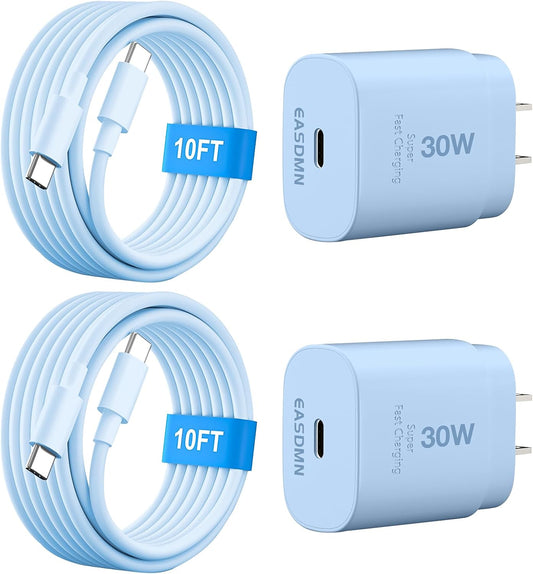 30W USB C i Phone 16 15 Charger Fast Charging, 2PACK Wall Charger for iPhone 16 15 Pro Max Charger Cord 10FT Fast Type C Charger Block for iPhone 16/16 Pro/15 Plus/15 Pro/15 Pro Max, iPad Pro, Blue