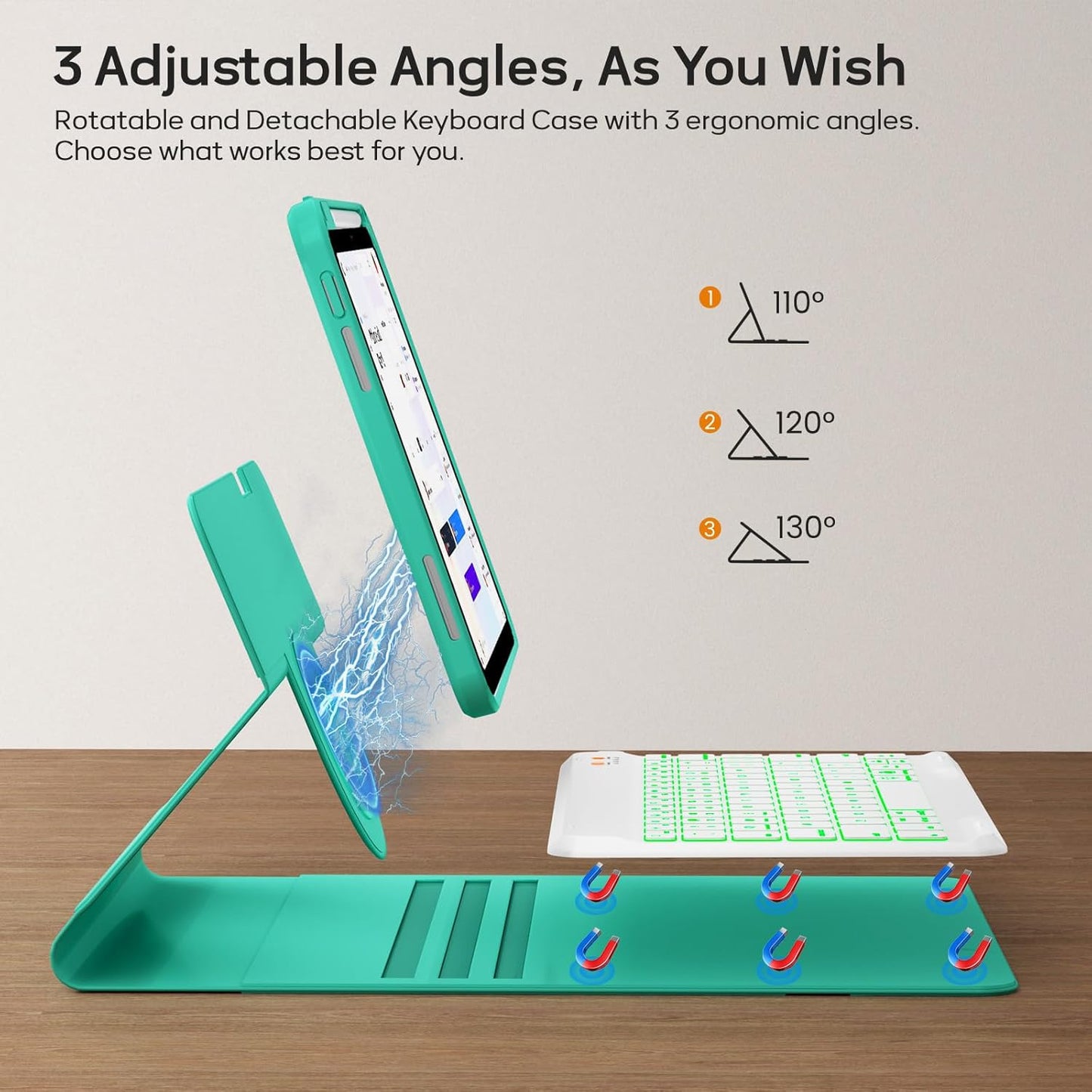 BLUTLOTUS for iPad iPad 9th 8th 7th Generation Case with Keyboard - 360° Rotatable Magnetic Folio Cover 2021/2020/2019, 7 Color Backlit Detachable Keyboard with Pencil Holder - Teal