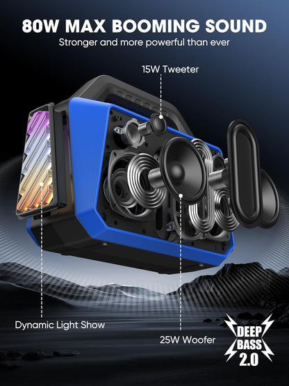 Portable Bluetooth Speakers Loud - Wireless Speaker 80W Peak, Light Show, 20H Playtime, Strong Bass, BT 5.3, TWS, IPX6 Waterproof for Outdoor Travel Beach Camping - Blue