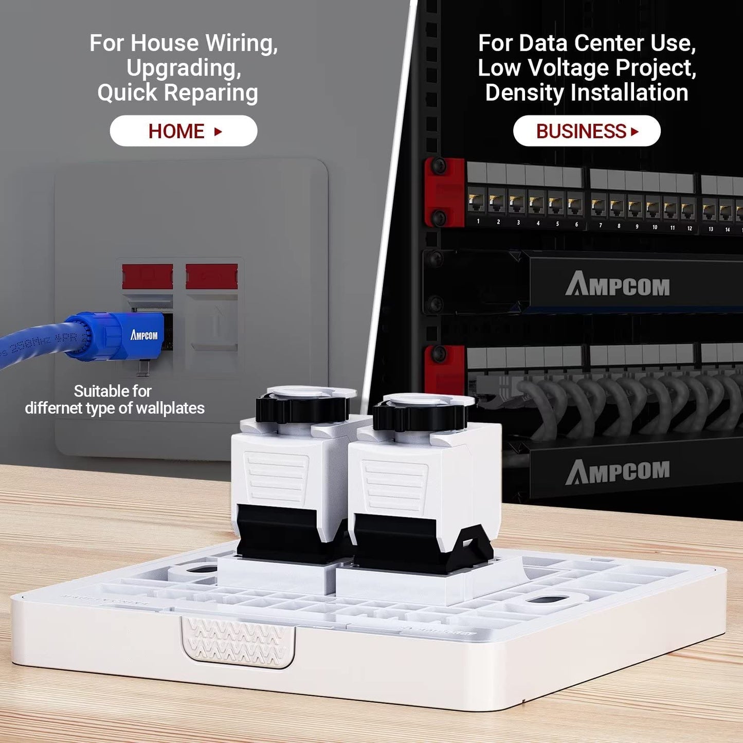 AMPCOM CAT6 RJ45 Keystone Jack - Reusable UTP Ethernet Wall Jack with Adjustable Ratchet Lock Design, No Tool and Zip Tie Required - 50u Gold Plated - Black (6-Pack)