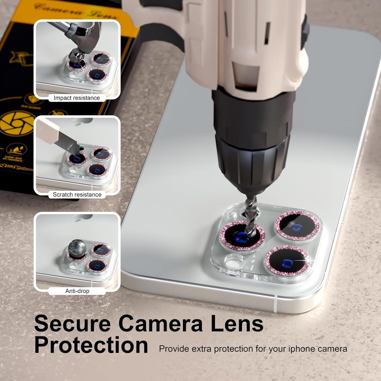 beuxece for 6 Pack iPhone 16 Pro/iPhone 16 Pro Max Camera Lens Protector [Drop Protection] [Case Friendly] [Easy Installation] 9H Tempered Glass Camera Screen Protector Cover, Glitter Pink