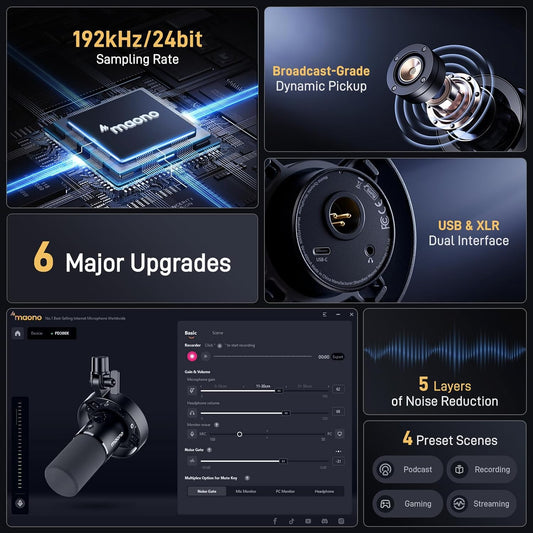 MAONO Dynamic Microphone-XLR USB Podcast Recording Mic: for Vocal Recording, Content Creation, Home Studio, Voiceover, with 192kHz/24bit, Noise Reduction, Mic Gain, Monitoring, Mute (PD300X)
