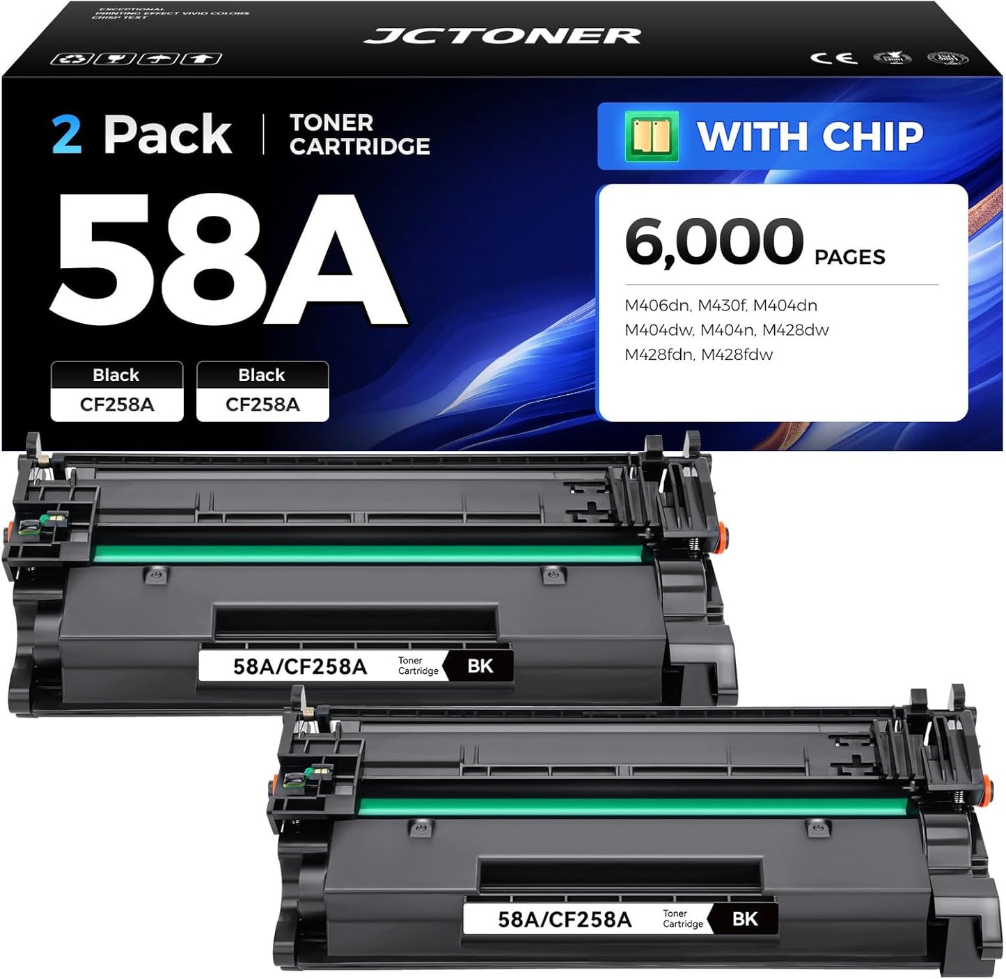 58A Black Toner Cartridge 2-Pack with chip High Yield Replacement for HP 58A CF258A Compatible with HP Laserjet Pro MFP M428dw M428fdn M428fdw M404dn M404dw M404n Enterprise M430f M406dn Printer Ink