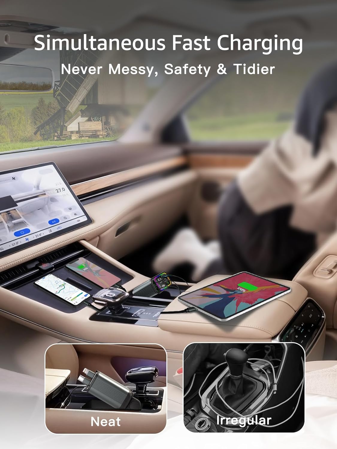 Retractable Car Charger USB C,107W Type C Car Charger Fast Charging with Dual Retractable Cable and USB Ports, Compatible with iPhone 16/15/14/13,S25/24/23/22, Pixel 9/8/7