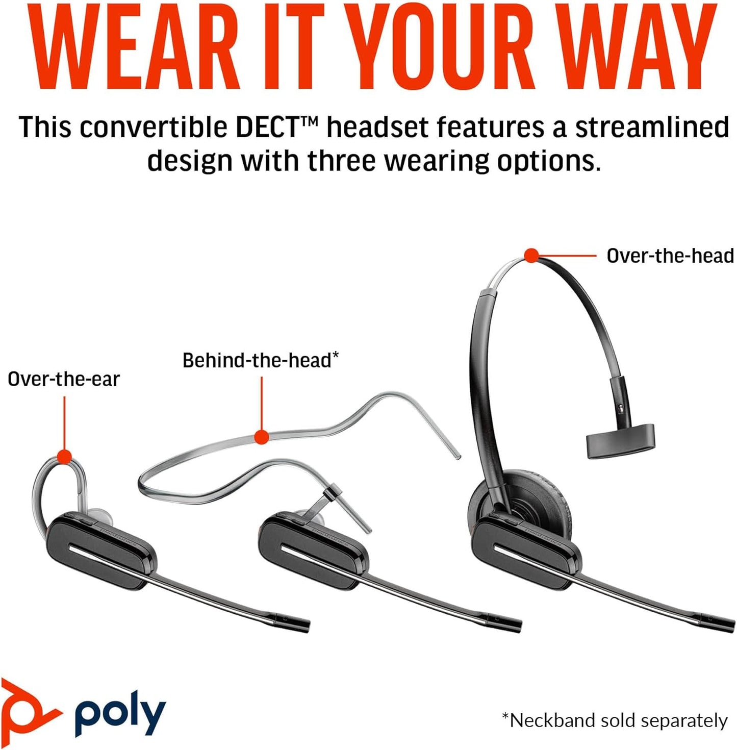 Poly CS540 Wireless DECT Headset with HL10 Lifter (Plantronics) - Single Ear (Mono) Convertible (3 wearing styles) - Connects to Desk Phone - Noise Canceling Microphone - Amazon Exclusive