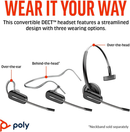Poly CS540 Wireless DECT Headset with HL10 Lifter (Plantronics) - Single Ear (Mono) Convertible (3 wearing styles) - Connects to Desk Phone - Noise Canceling Microphone - Amazon Exclusive