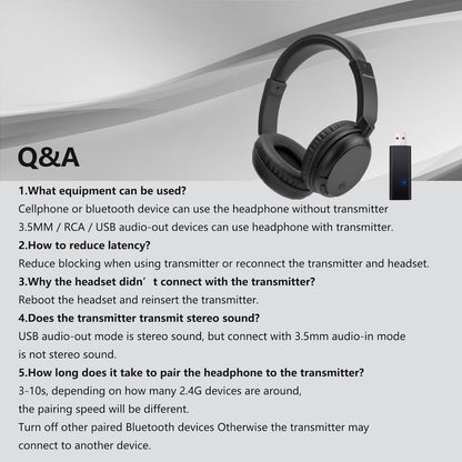 Wireless Bluetooth Headphone Over Ear, Bluetooth Transmitter for TV,PC,3.5mm Audio Device, Wired and Wireless Headset (Black)