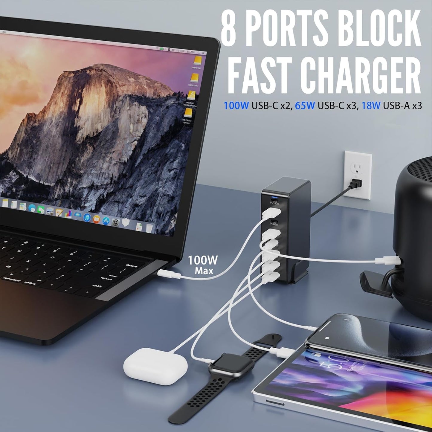 USB C Charger Block Charging Station 440W GAN3, 100W Laptop Charger Multi Port Charging Station 8 Port Hub Brick Compatible with Laptops, MacBook, iPhone, iPad, Samsung, Google, Watch, Earbuds etc