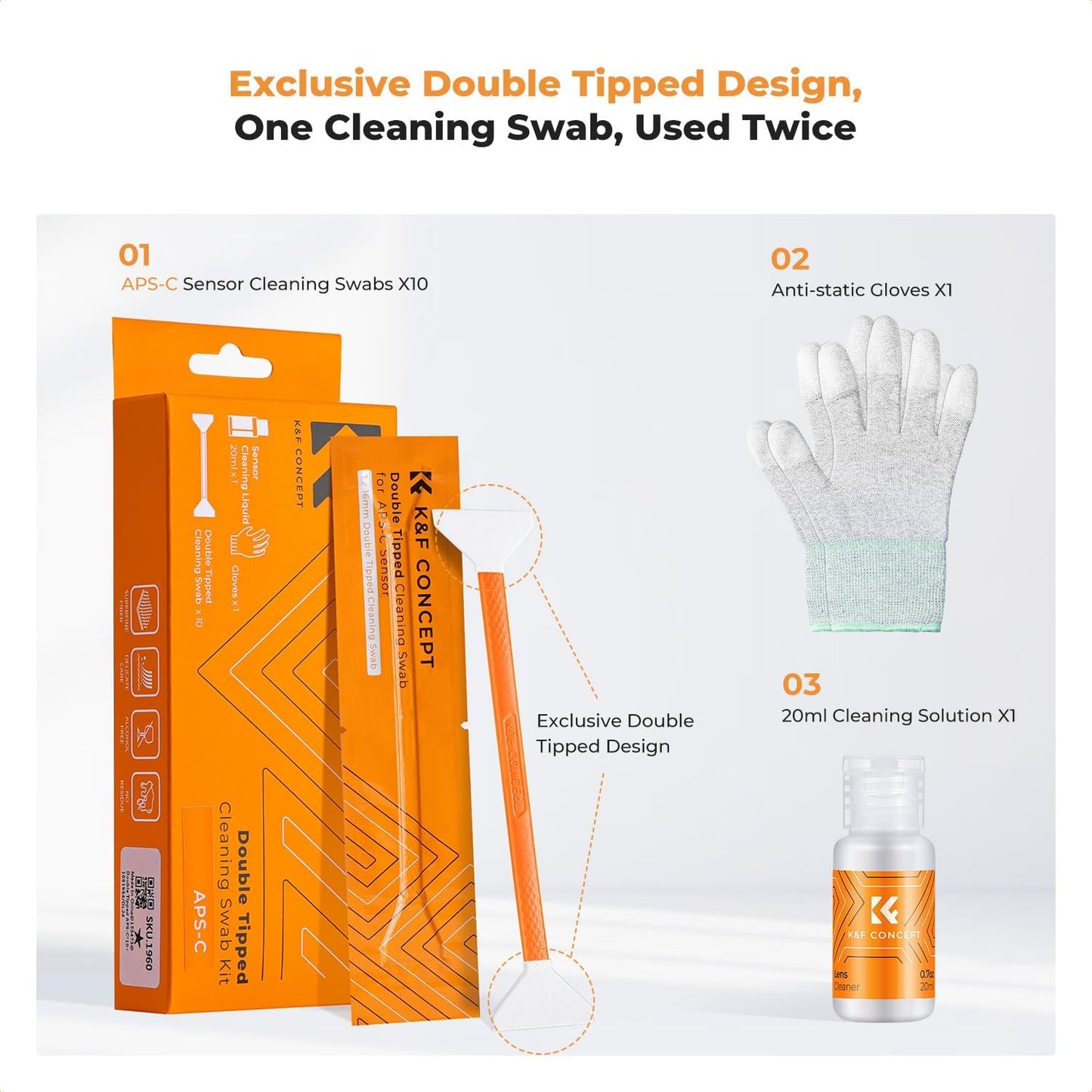 K&F Concept APS-C Sensor Cleaning Kit, Digital Camera Lens Cleaner - 20ml Cleaner, Gloves & 10 X 16mm Double-Tipped Swabs for APS-C Type CMOS & CCD Sensors