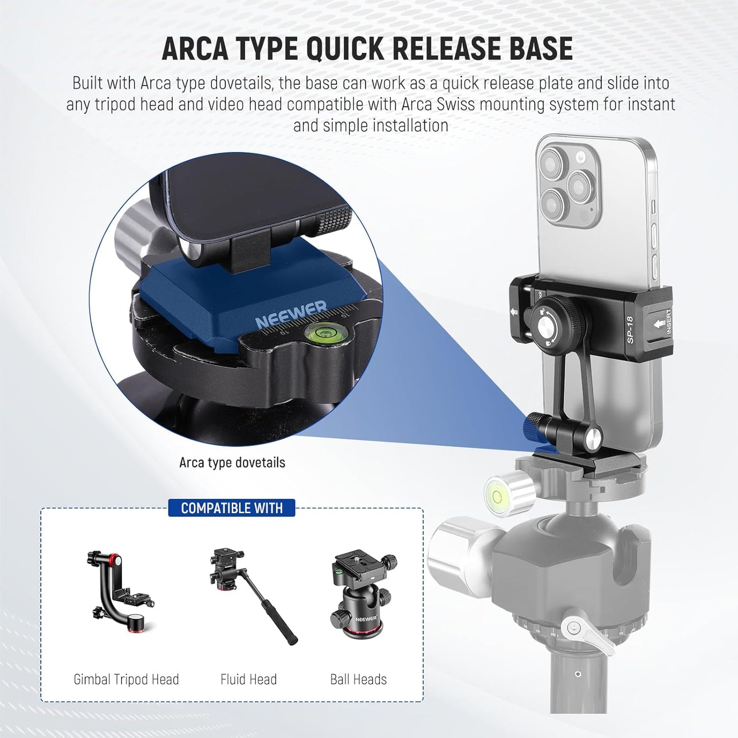 Neewer Phone Tripod Mount Adapter with Arca Type QR Base, Cold Shoe, 1/4" 3/8" Holes, 360° Swivel 180° Tilt, Phone Holder Compatible with iPhone Samsung Arca Swiss DJI RS 4 Pro 3 2 Stabilizer, SP-18