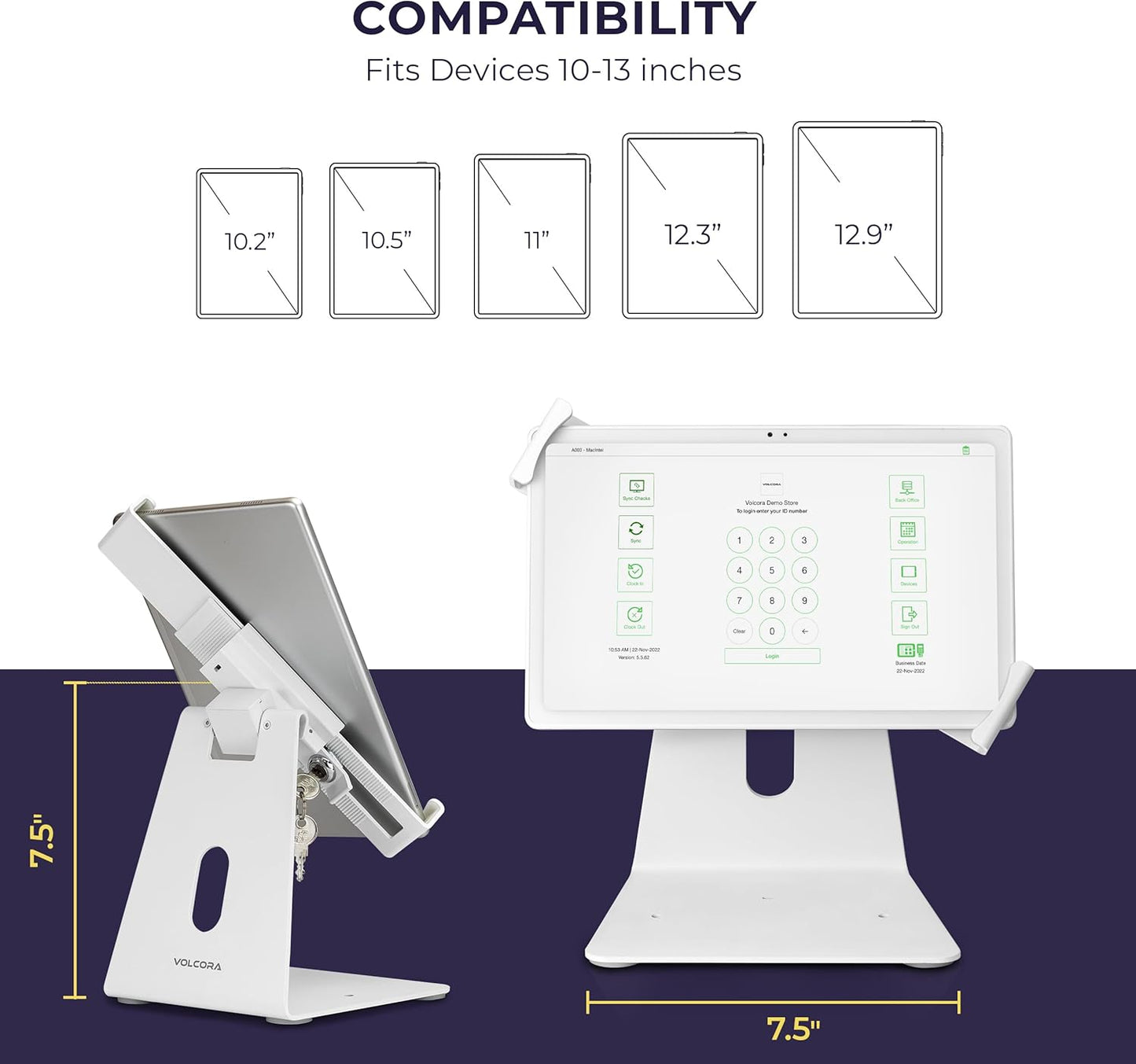 Volcora Anti-Theft Tablet Stand iPad Security Holder with Lock, White 10-13 Inch Kiosk Stand Mount, Swivel, Adjustable, for iPad Pro, Air, POS Register, Retail Business, Checkout, Cashier