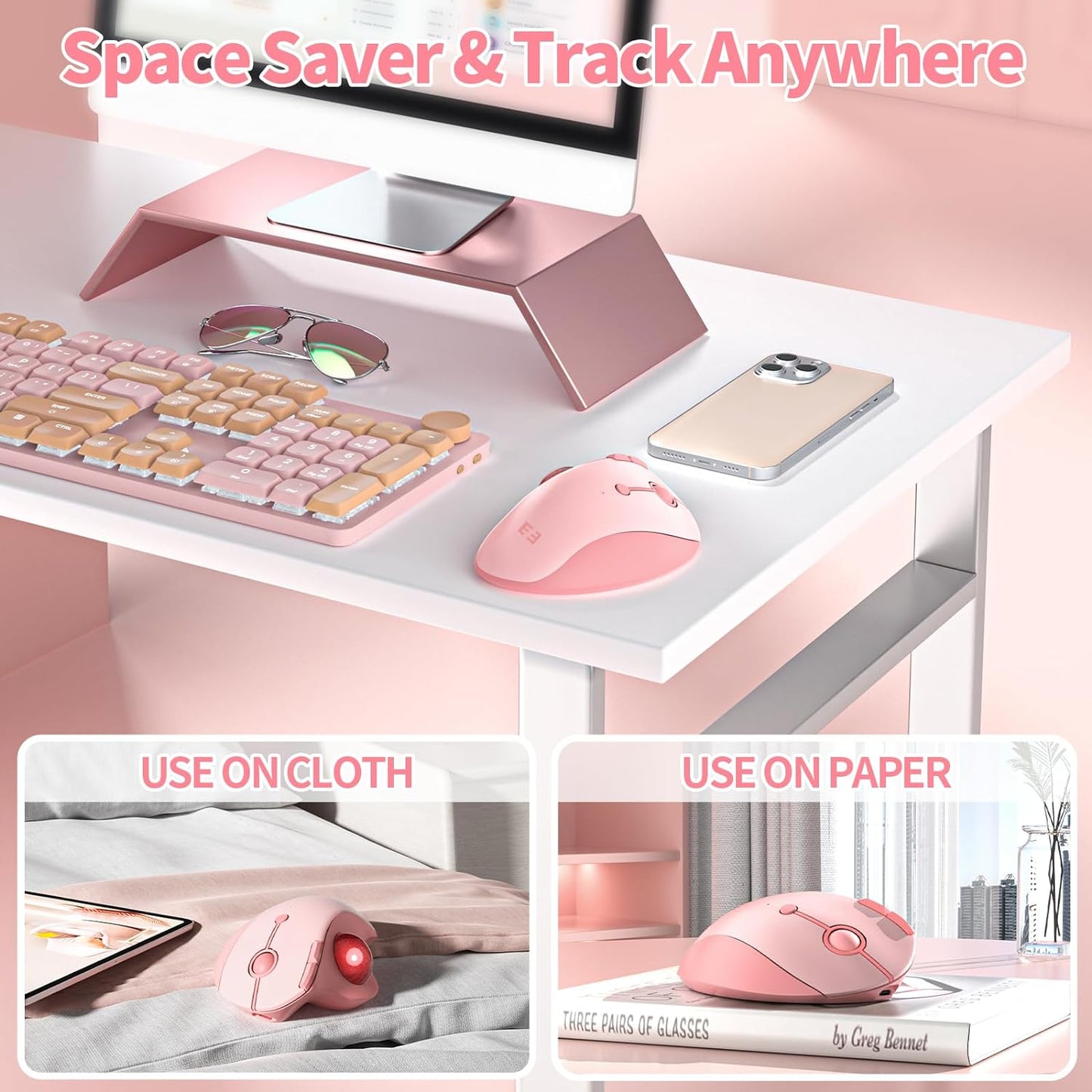 seenda Wireless Trackball Mouse, Bluetooth Ergonomic Rollerball Mouse Rechargeable Multi Devices USB/Bluetooth Connection Thumb Control Mice Compatible for Mac/Android/Windows Computers, Pink