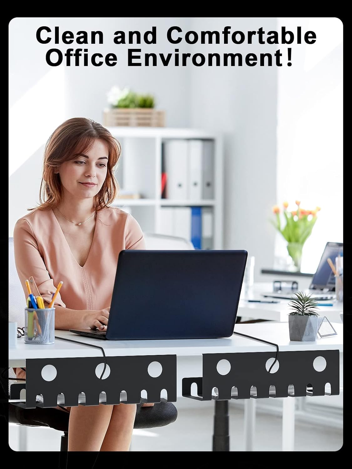 Delamu 2 Pack Metal Under Desk Cable Management Tray, U Channel Cord Organizer Box, Office Under Desk Cord Organizers, Cable Management with Various Accessories, Black, 15.75 Inches