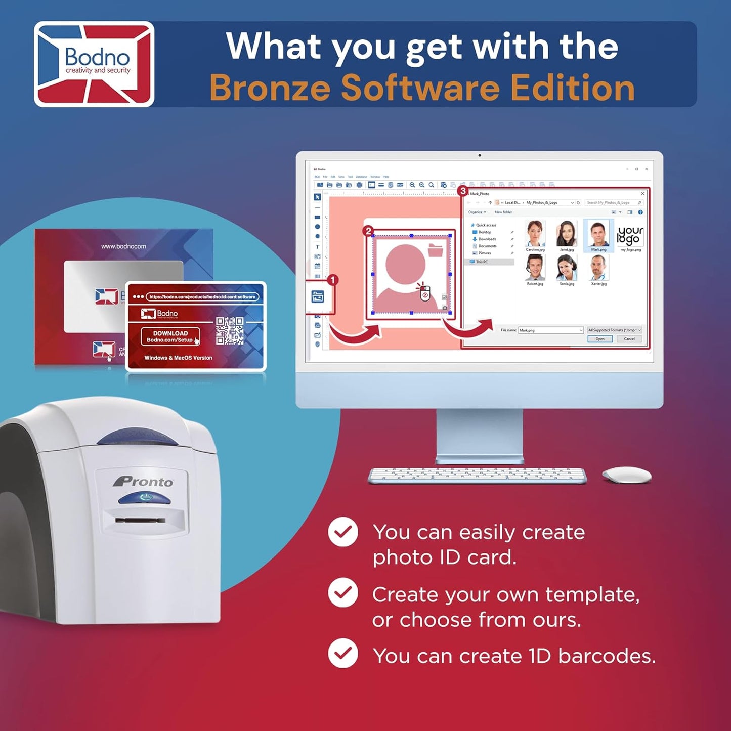 Bodno Magicard Pronto ID Card Printer & Complete Supplies Package ID Software - Bronze Edition