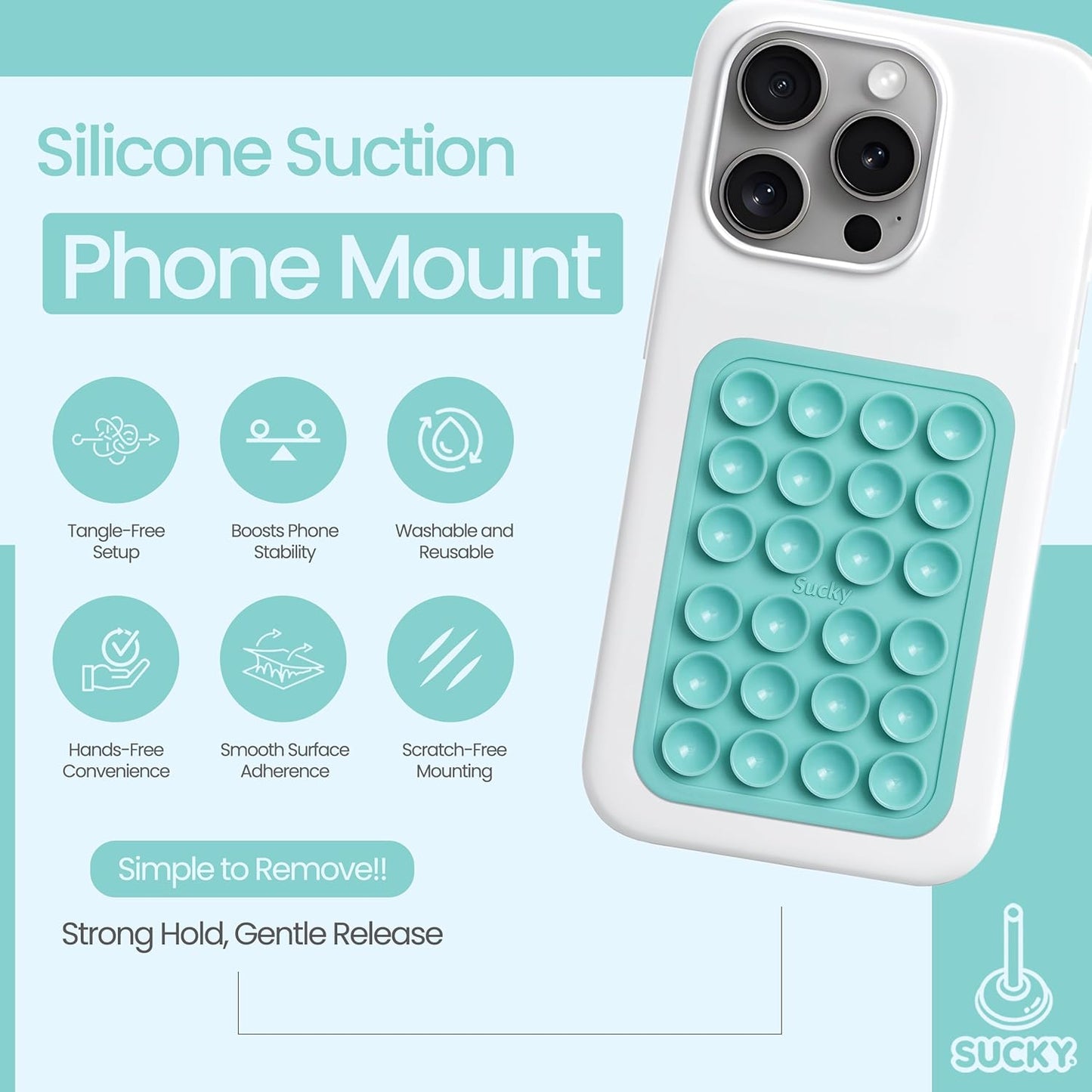 SUCKY Silicone Suction Phone Case Adhesive Mount - Anti-Slip Holder, Hands-Free Fidget Toy, Phone Accessory for iPhone and Android - Sticky Grip for Selfies, Videos, and Tiktok - Turqoise