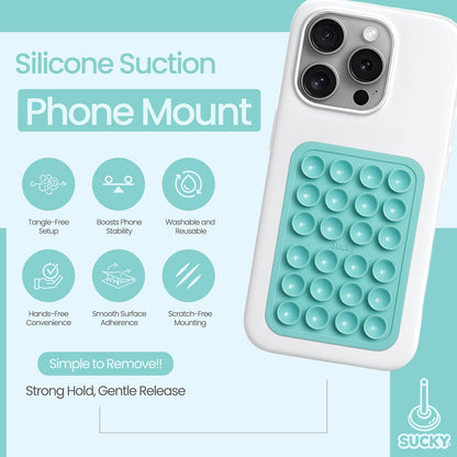 SUCKY Silicone Suction Phone Case Adhesive Mount - Anti-Slip Holder, Hands-Free Fidget Toy, Phone Accessory for iPhone and Android - Sticky Grip for Selfies, Videos, and Tiktok - Turqoise
