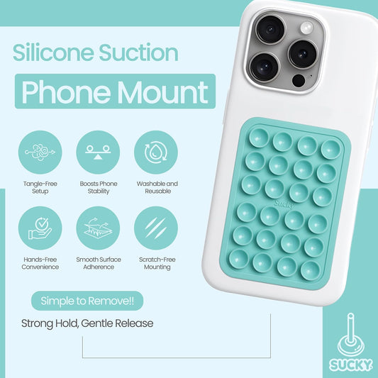 SUCKY Silicone Suction Phone Case Adhesive Mount - Anti-Slip Holder, Hands-Free Fidget Toy, Phone Accessory for iPhone and Android - Sticky Grip for Selfies, Videos, and Tiktok - Turqoise