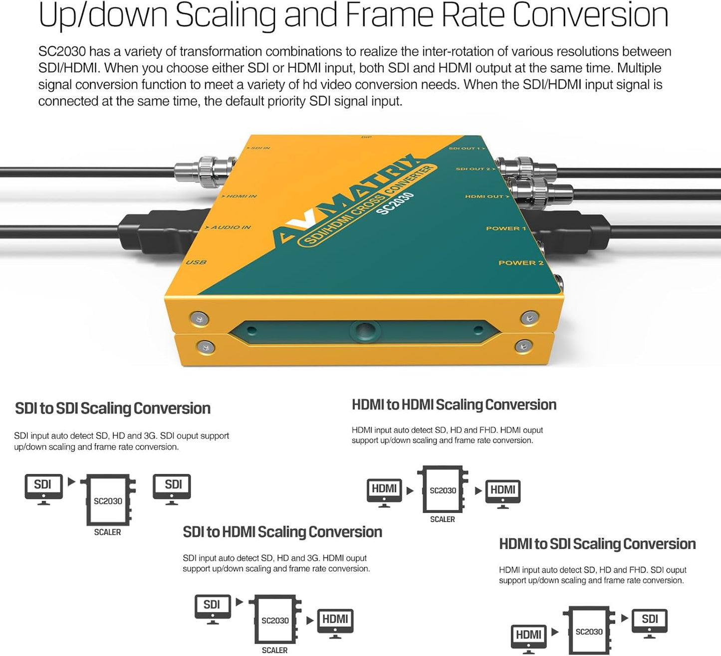 AVMATRIX SDI/HDMI Up/Down/Cross Converter, DlP Switches, SD/HD/3G-SDI Scaling Frame Rate Conversion Scaler, 3.5mm Jack Audio Embedding, Auto Signal Detection SC2030