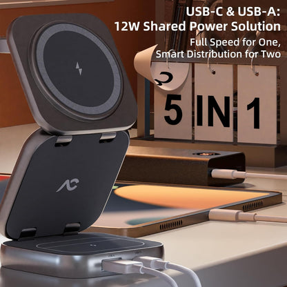 5-in-1 Wireless Charger for MagSafe, AC ISLAND Portable Travel Charging Station, 15W Max Fast Foldable Magnetic Stand, Evolved for iPhone 17/16/15/14/13 Series, Apple Watch, AirPods (with 35W Adapter)