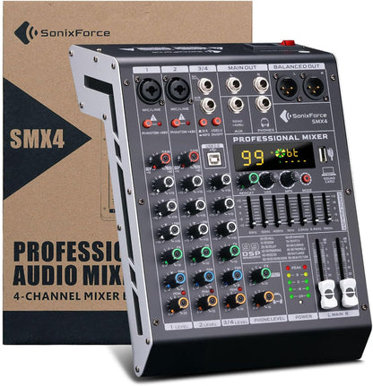 Professional Audio Mixer 4 Channel Sound Board Console System 99 DSP DJ Mixer 48V Phantom for Karaoke DJ Studio Streaming Recording