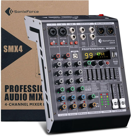 Professional Audio Mixer 4 Channel Sound Board Console System 99 DSP DJ Mixer 48V Phantom for Karaoke DJ Studio Streaming Recording