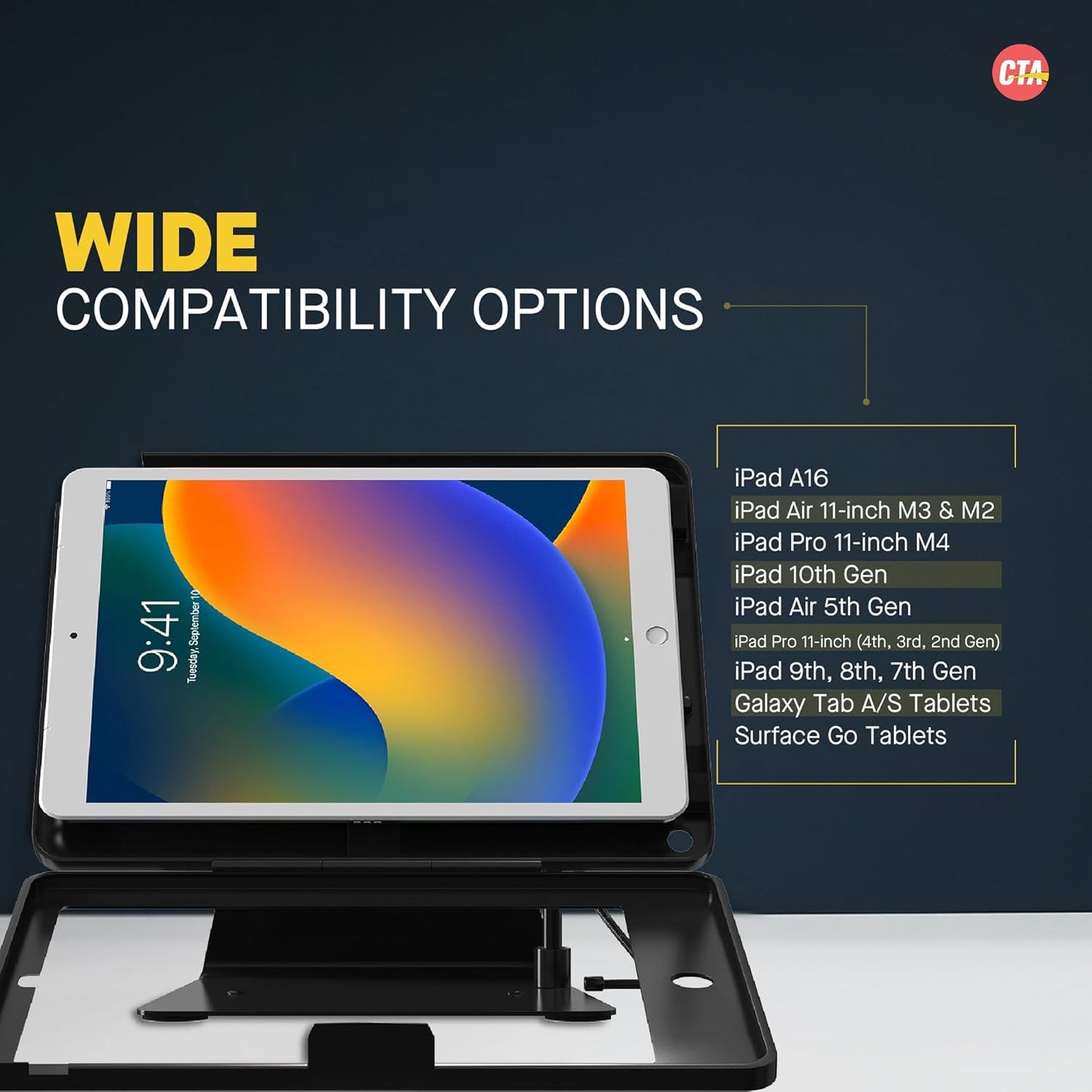 Desktop Anti-Theft Stand – CTA Kiosk Stand with Stylus, Tether, and Aluminum Enclosure for iPad 11th Gen A16 11” - 10th Gen 10.9” - Air 4th & 5th Gen - 11” Pro & More - Black (PAD-DASB109)