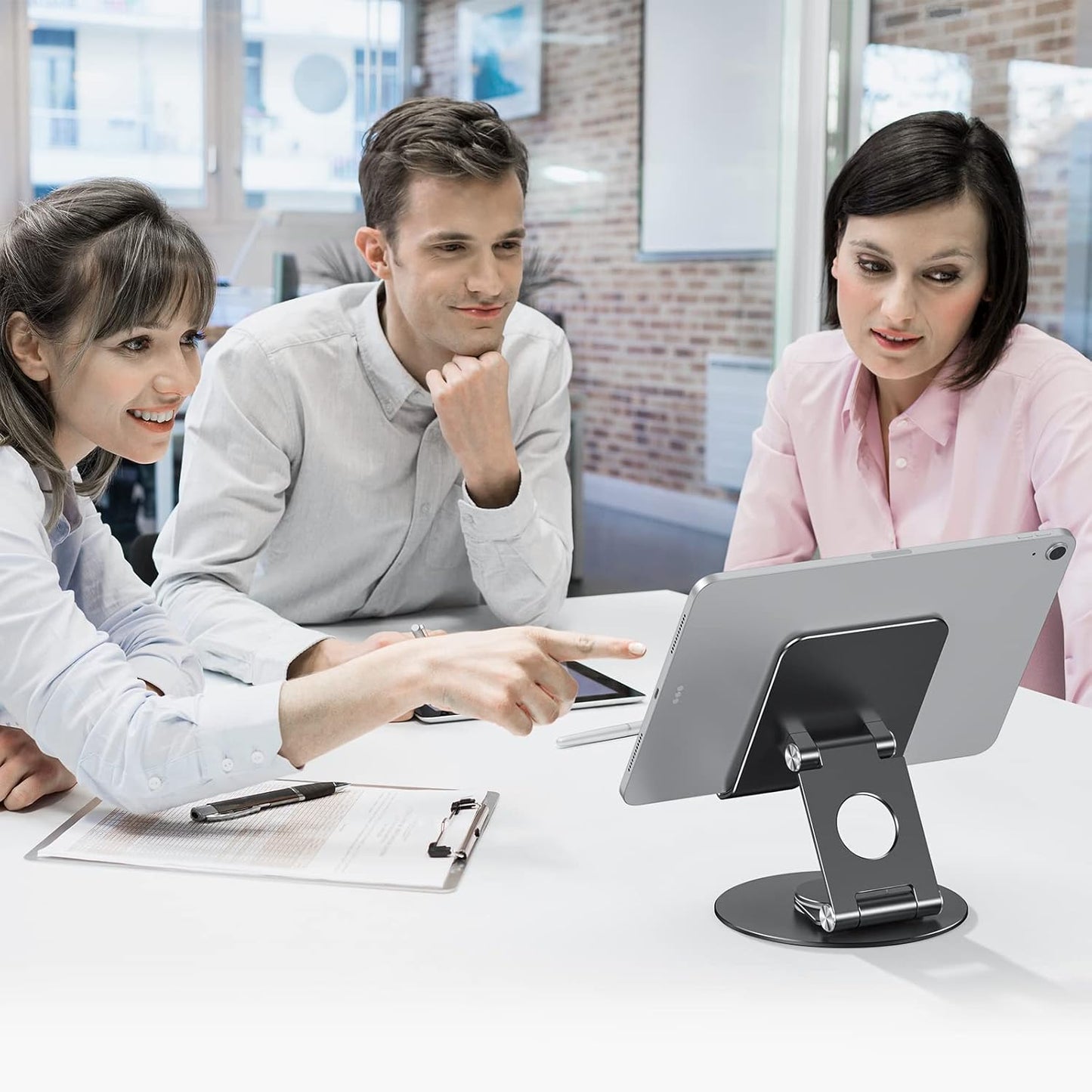 OMOTON Swivel Tablet Stand for iPad with 360 Rotating Base, Foldable Adjustable Holder for Drawing, Compatible with iPad Pro/Air/Mini and More, Black Gray