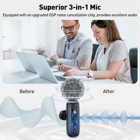 Wireless Lavalier Microphone for iPhone, Android, USB C, PC, Camera Video Recording 4 in 1 Clip-on Mics with Rotatable Clip&Denoise Recording, for Vlog Tiktok YouTube Podcast Content Creator