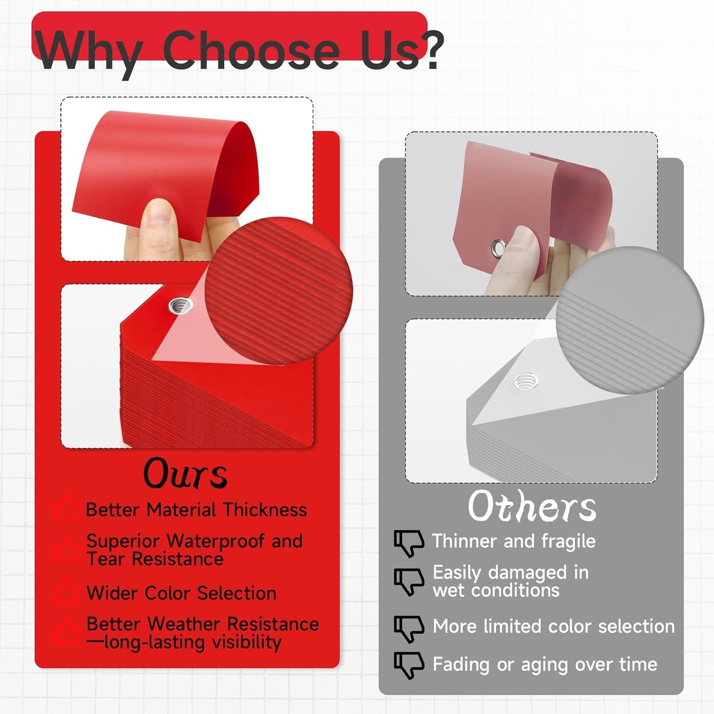 100 Plastic Shipping Tags - Red, 6 1/4" x 3 1/8", Waterproof, Durable, Reinforcement Hole, Stacking Labels for Equipment Parts