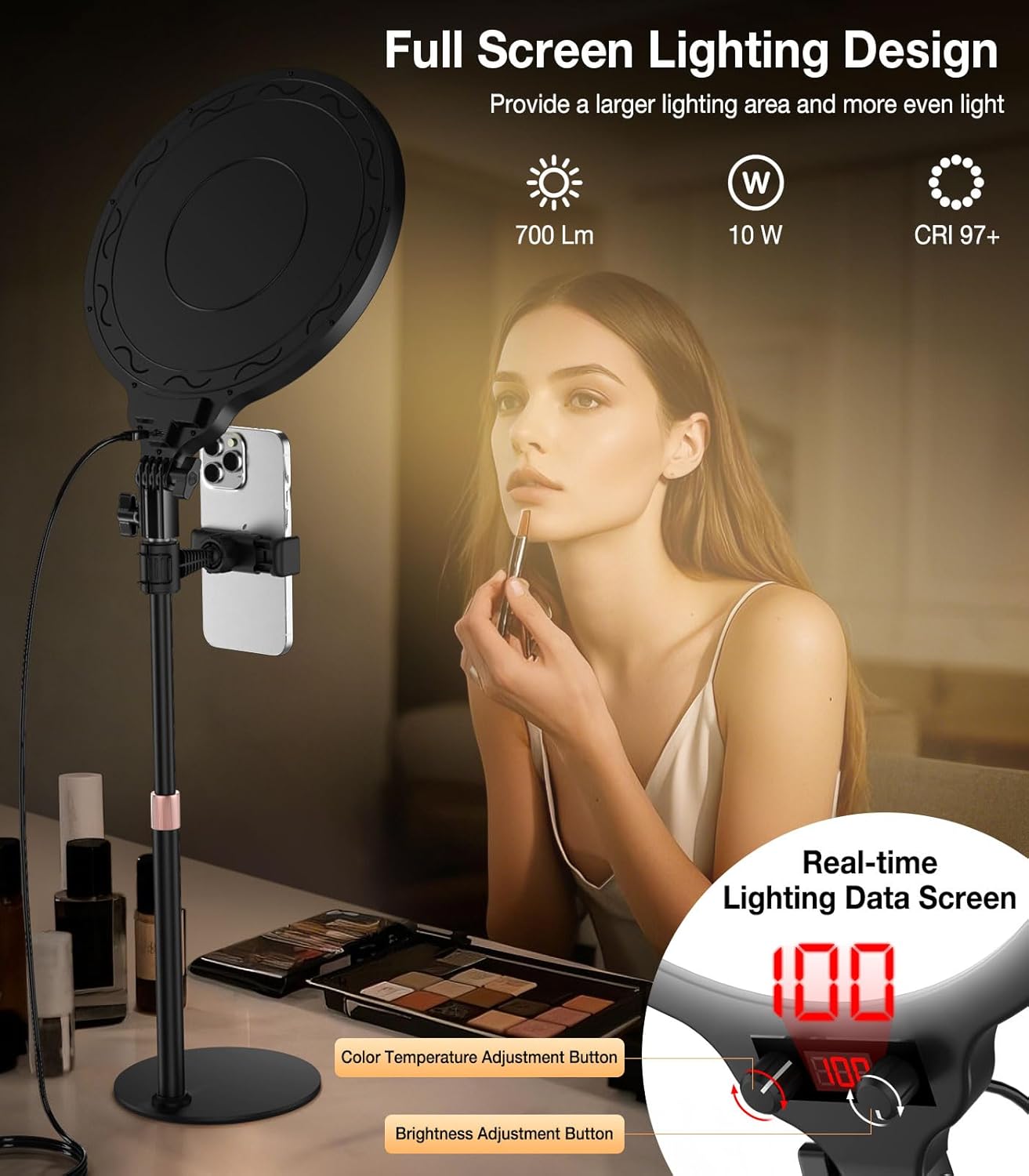 MoKo Desk Ring Light with Stand and Phone Holder, 10" Full-Screen LED Ring Light for Desk, Dimmable Zoom Lighting for Computer, Desk Light for Video Calls,Video Recording,Live Streaming,TikTok,Makeup