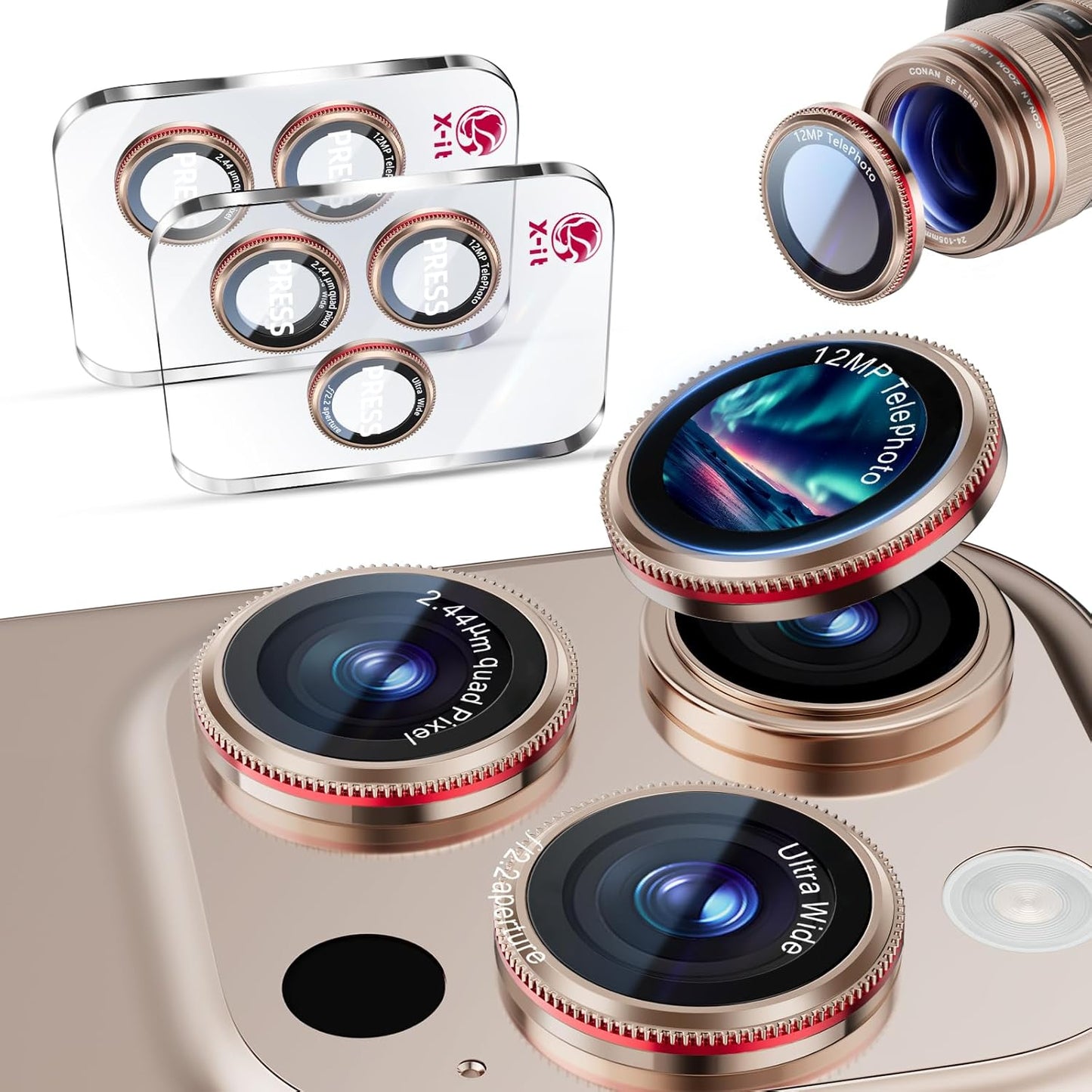X-it 2 Pack Camera Lens Protector, Shatterproof Anti-Scratch Ultra HD Camera Protector, Anti-Glare Tempered Glass Lens Protector for iPhone 16 Pro Max/16Pro/15 Pro Max/15Pro/14 Pro Max/14Pro,GoldenRed
