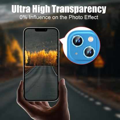 AGVEE 3+3 6 Pack for iPhone 15/15 Plus Camera Lens Protector, Bling Diamond & Bling Glitter Metal Ring 9H Tempered HD Glass Camera Protector Cover Film, Bling-Blue