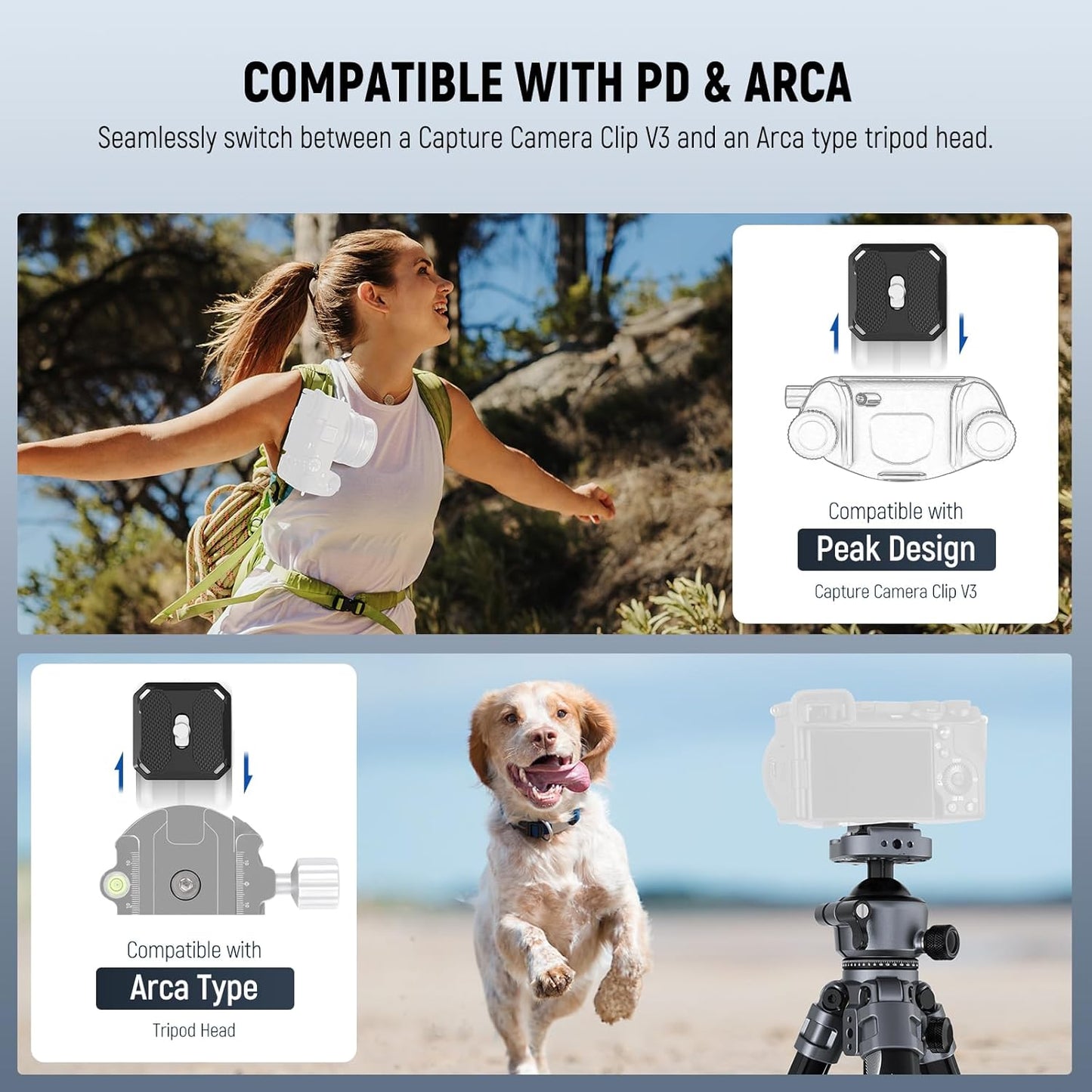 NEEWER LITETRIP LT07 61" Aluminum Travel Tripod Stand for Camera with Pan Tilt Low Profile Ball Head, Arca QR Plate Compatible with Peak Design Tripod Plate V3, Dual Center Axis, Max Load 22lb