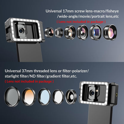 APEXEL 17mm+37mm Thread Adapter with LED Fill Light, One-Piece Phone Adapter for Android/iPhone, Attachments for Macro/Wide Angle/Fisheye/Flow/Radial/Star Filter/Kaleidoscope Lens