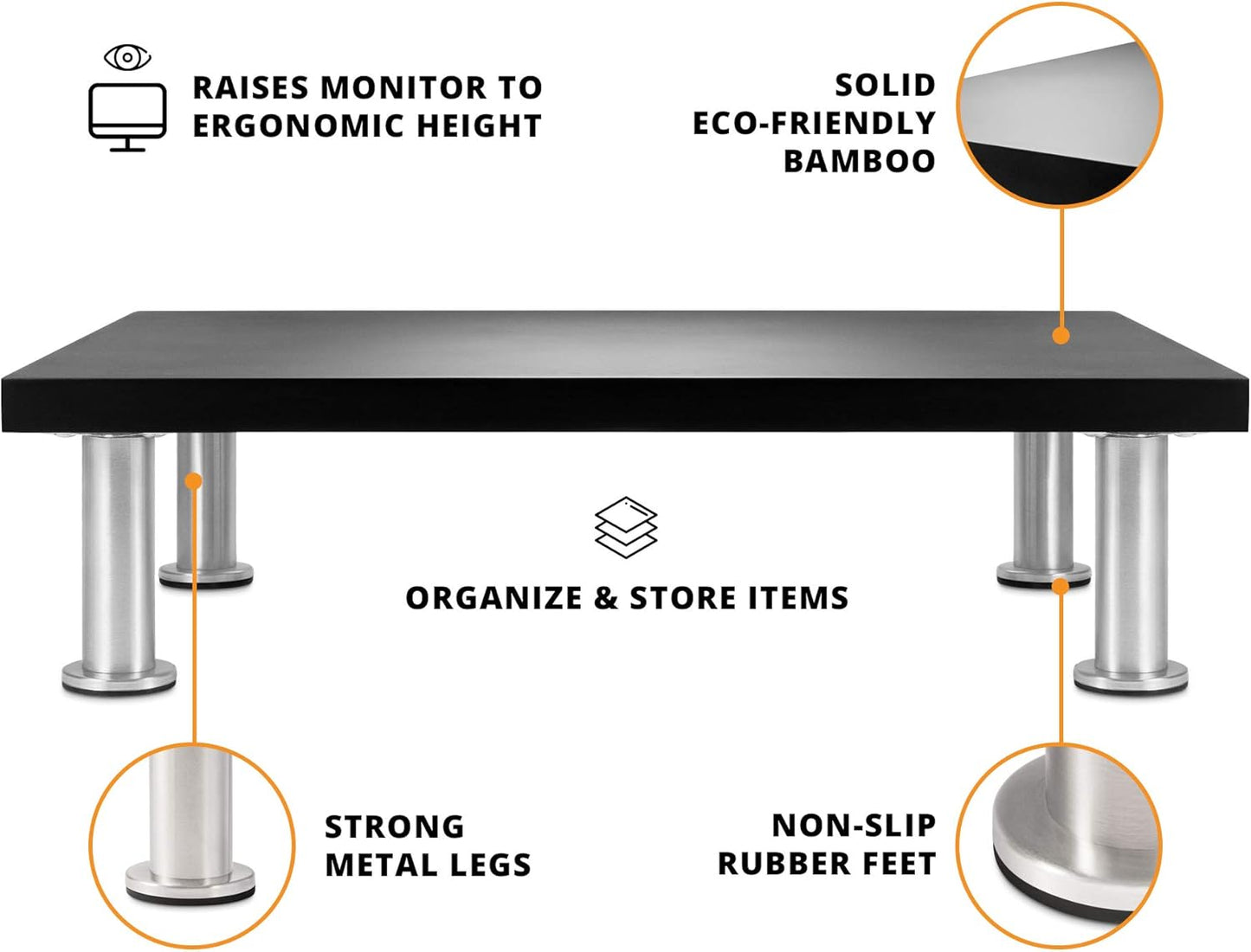 The Original Bamboo Monitor Stand (As Seen On PBS) - Monitor Riser for Computer Screen or Laptop - Desk Shelf Adds Storage Space and Improves Ergonomics - Black