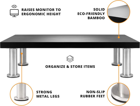 The Original Bamboo Monitor Stand (As Seen On PBS) - Monitor Riser for Computer Screen or Laptop - Desk Shelf Adds Storage Space and Improves Ergonomics - Black