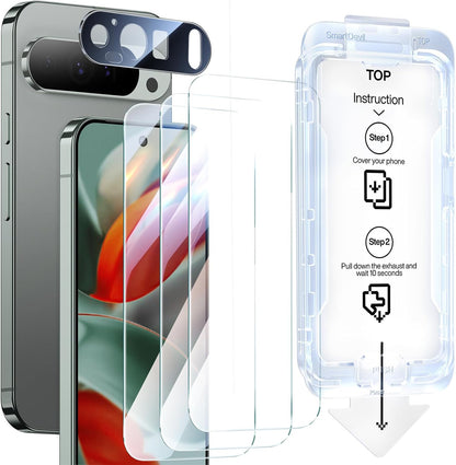 SMARTDEVIL [3+1 Pack Screen Protector For Google Pixel 9 Pro With Camera Lens Protector, Finger Print Reader Compatible, Clear 9H Tempered Glass Film, Fast & Easy Installation, Alignment Frame