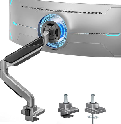 ARES WING Ultrawide Single Monitor Arm, Heavy Duty Monitor Mount for 13"-45" Curved Screens, Adjustable Stand for Desk with C-clamp & Grommet Base up to 40 LBS, Gray