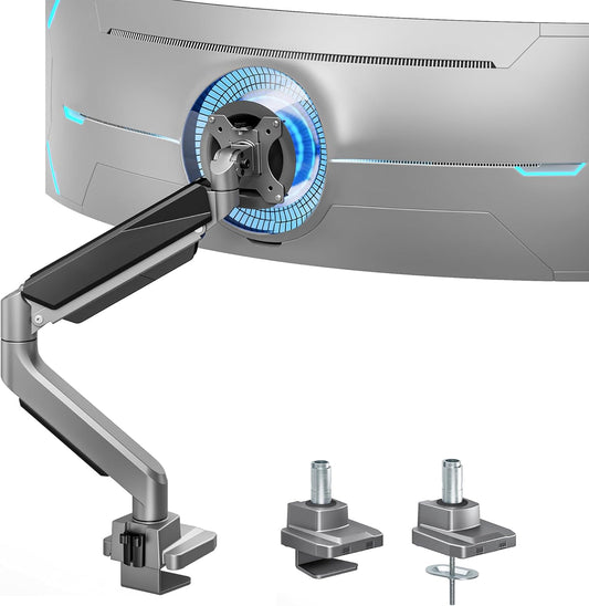 ARES WING Ultrawide Single Monitor Arm, Heavy Duty Monitor Mount for 13"-45" Curved Screens, Adjustable Stand for Desk with C-clamp & Grommet Base up to 40 LBS, Gray