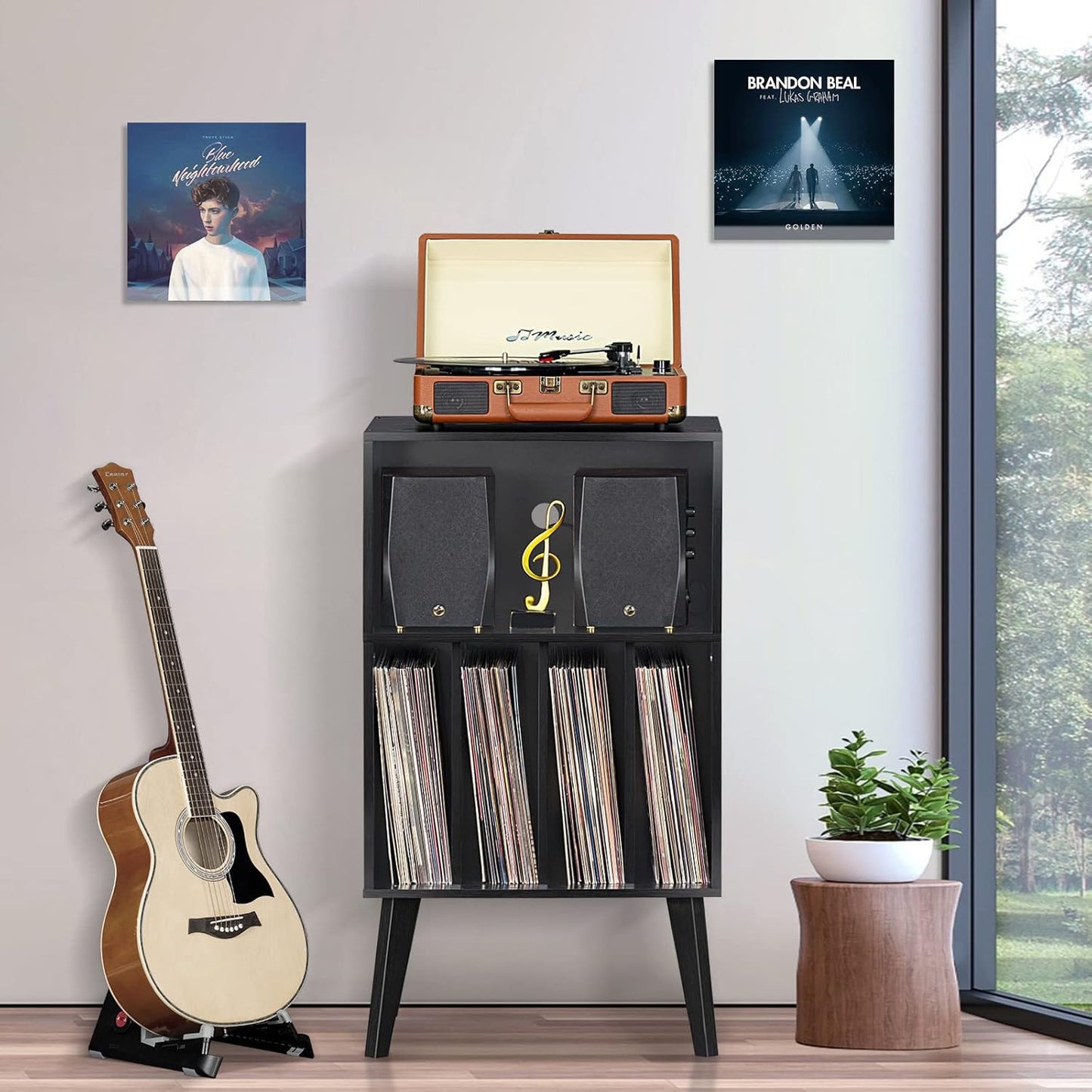 Lerliuo Record Player Stand, Black Turntable Stand Holds up to 160 Albums, Mid-Century Vinyl Storage Cabinet Table with Solid Wood Legs, Record Player Holder Dispaly Shelf for Bedroom Living Room