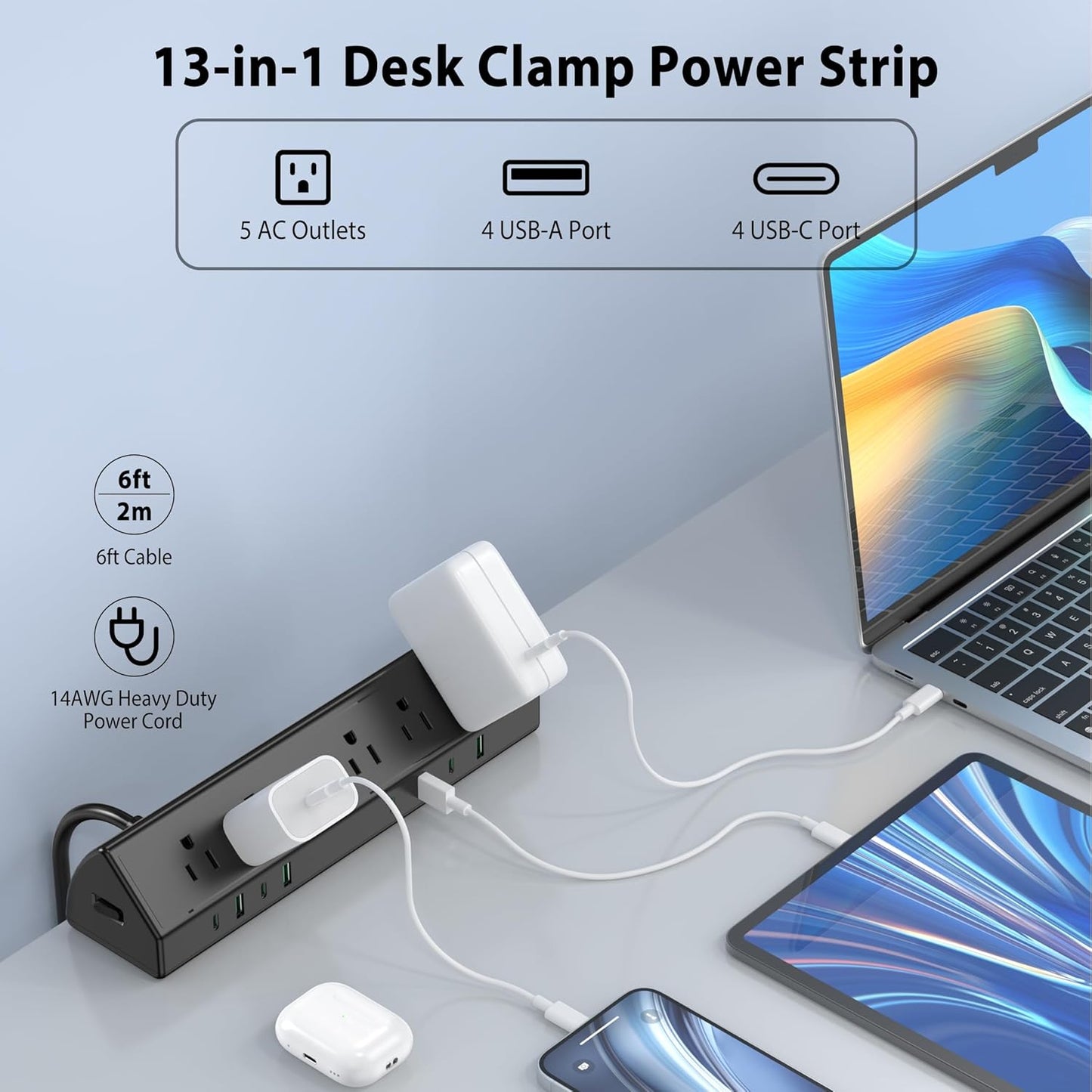 Jgstkcity Desk Clamp Power Strip,45W Fast Charging Station,4 USB-C,4 USB-A,Desk Mount Surge Protector,1875W Extension Cord with Multiple Outlets,ETL Listed,for Home Office Dorm Room