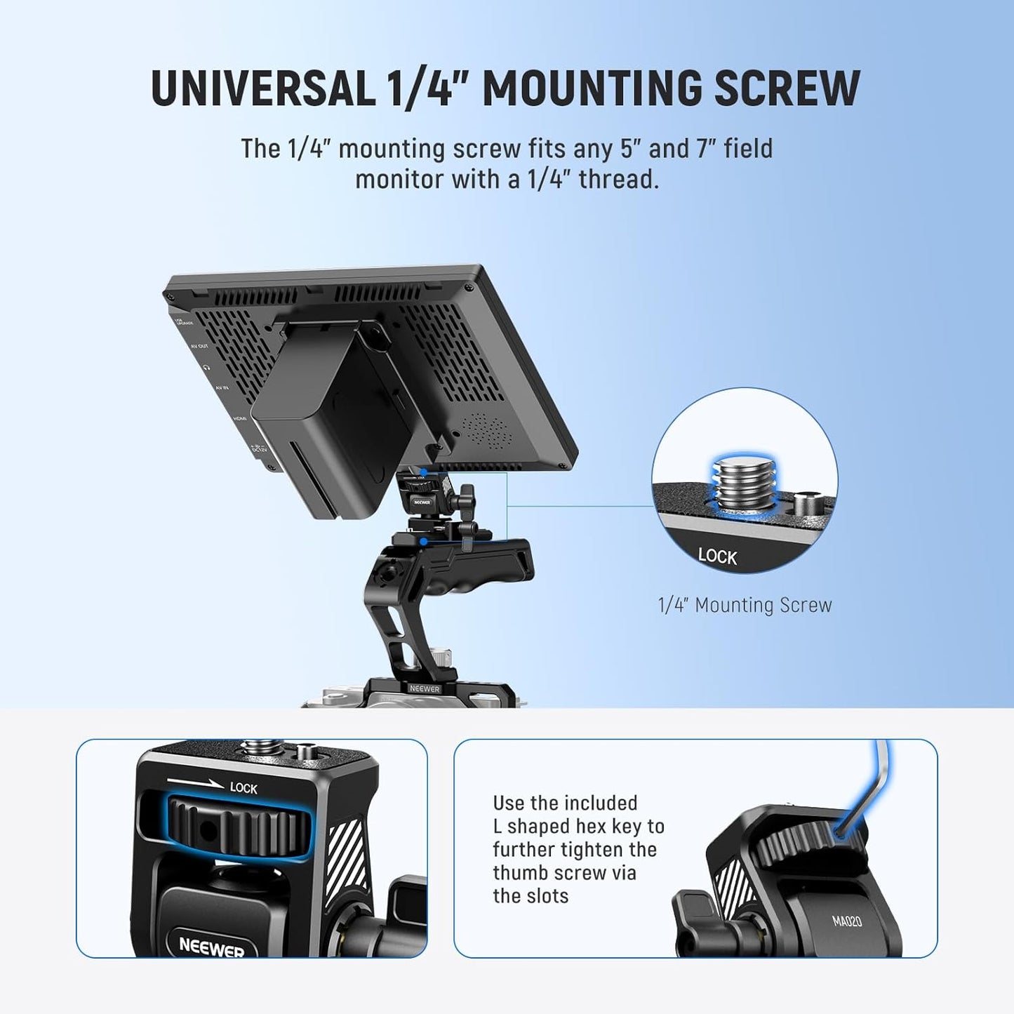 NEEWER Field Monitor Mount Monitor Holder with NATO Clamp, 360° Swivel, 180° Tilt, Anti Twist Screw Compatible with Atomos Ninja 5" & 7" Camera Monitor Compatible with SmallRig Camera Cage, MA020