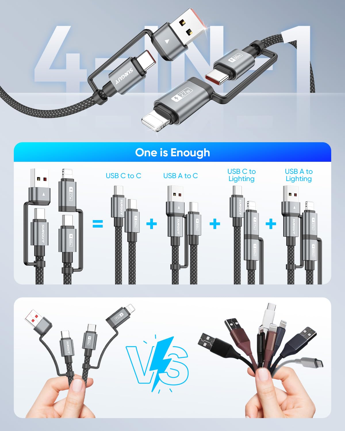 SUNGUY 4 in 1 Charging Cable 3FT [2 Pack], 60W Multi Charging Cable, USB-C/A to Lighting/C Cord for iPhone 16/15/14 Pro/iPad/MacBook/Samsung Galaxy S25/S24/Tablets