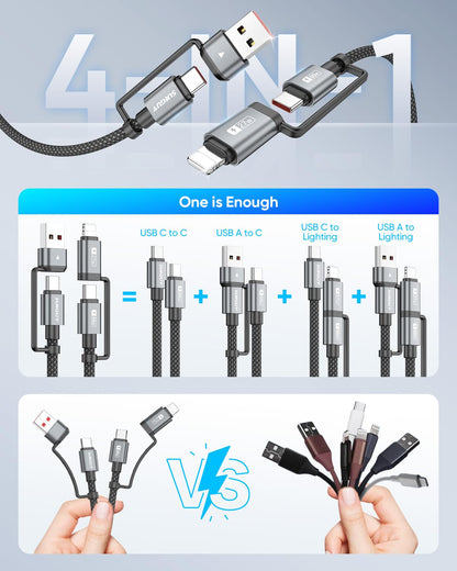 SUNGUY 4 in 1 Charging Cable 6FT [2 Pack], 60W Multi Charging Cable, USB-C/A to Lighting/C Cord for iPhone 16/15/14 Pro/iPad/MacBook/Samsung Galaxy S25/S24/Tablets